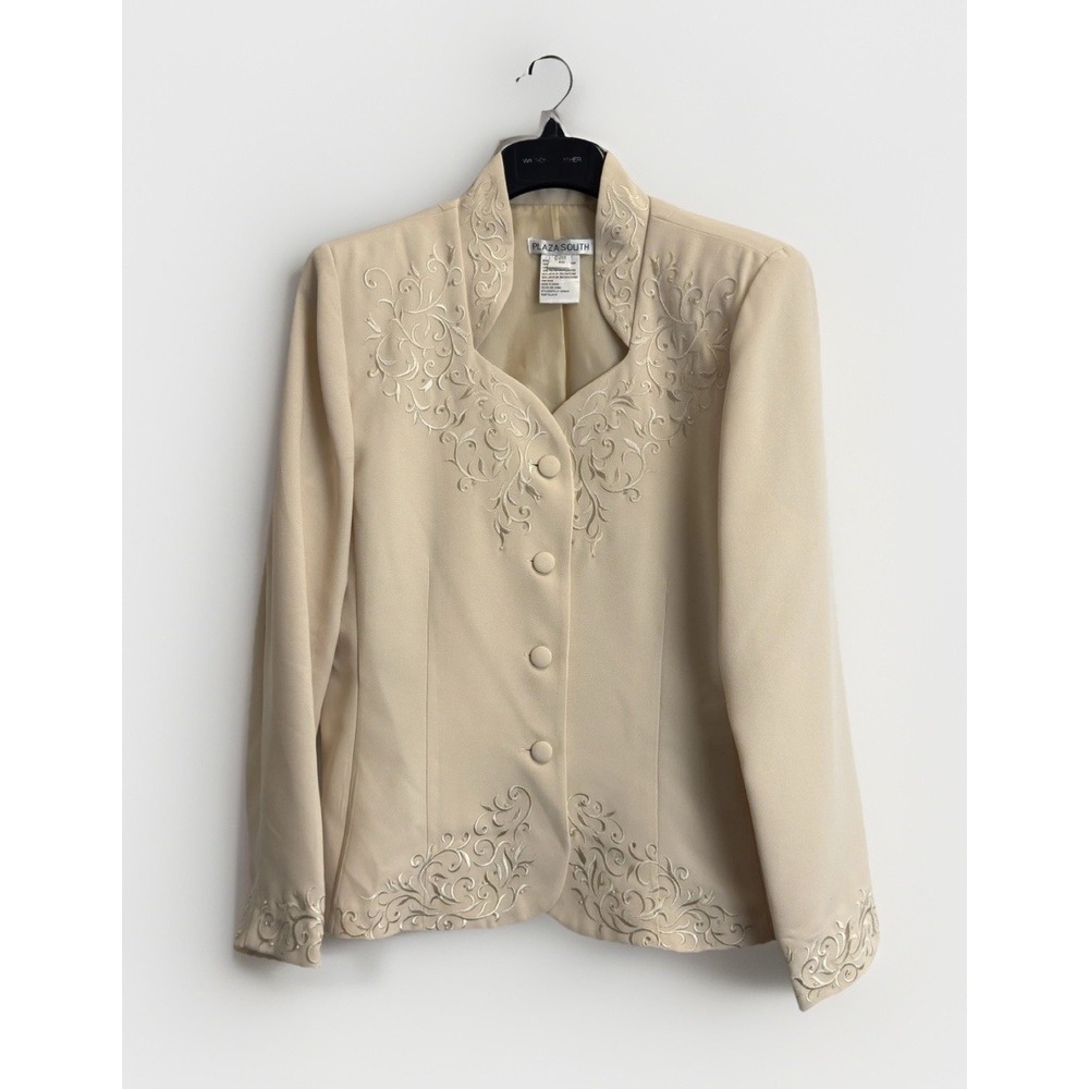 Vintage Plaza South Blazer Embroidered Beaded Jacket Size 12 Ivory